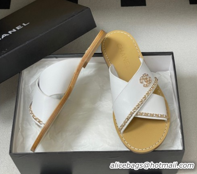 Buy Discount Chanel Calfskin Leather Flat Slides Sandal with Chain G46976 White 2026