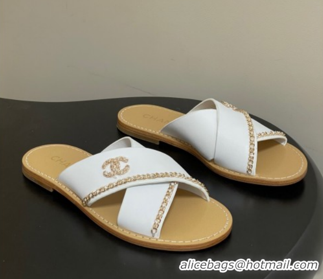 Buy Discount Chanel Calfskin Leather Flat Slides Sandal with Chain G46976 White 2026