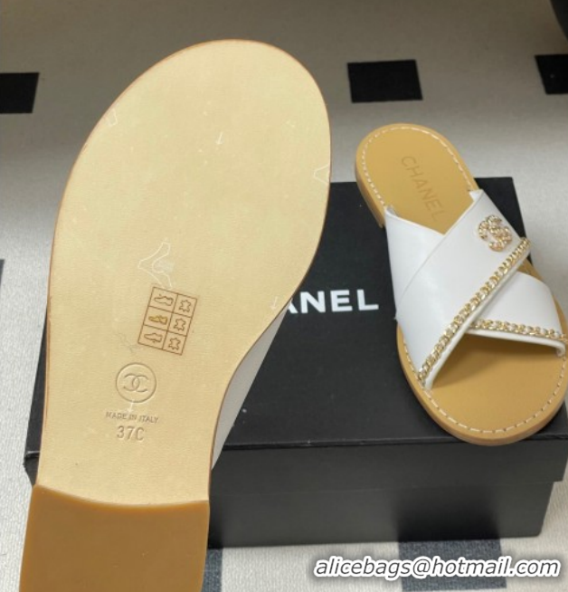 Buy Discount Chanel Calfskin Leather Flat Slides Sandal with Chain G46976 White 2026
