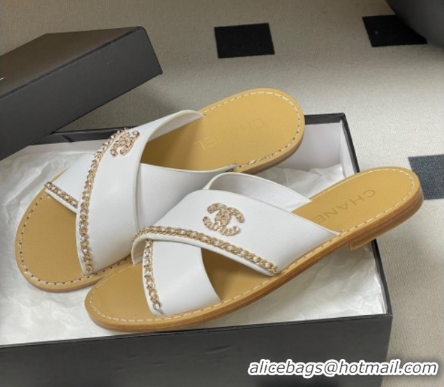 Buy Discount Chanel Calfskin Leather Flat Slides Sandal with Chain G46976 White 2026