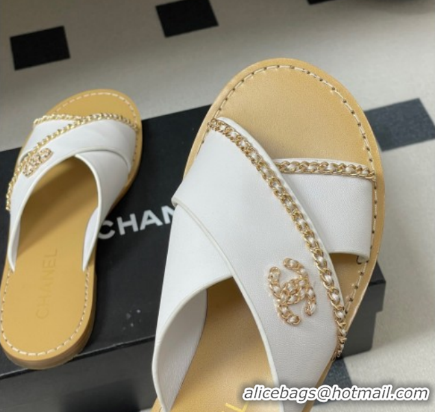 Buy Discount Chanel Calfskin Leather Flat Slides Sandal with Chain G46976 White 2026