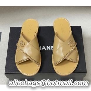Best Price Chanel Calfskin Leather Flat Slides Sandal with Chain G46976 Beige 2026