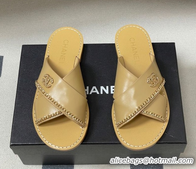 Best Price Chanel Calfskin Leather Flat Slides Sandal with Chain G46976 Beige 2026