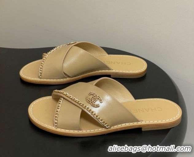 Best Price Chanel Calfskin Leather Flat Slides Sandal with Chain G46976 Beige 2026