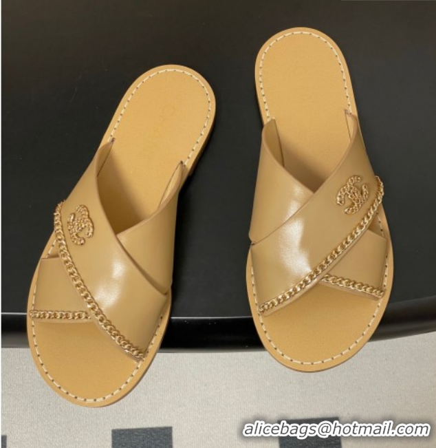 Best Price Chanel Calfskin Leather Flat Slides Sandal with Chain G46976 Beige 2026