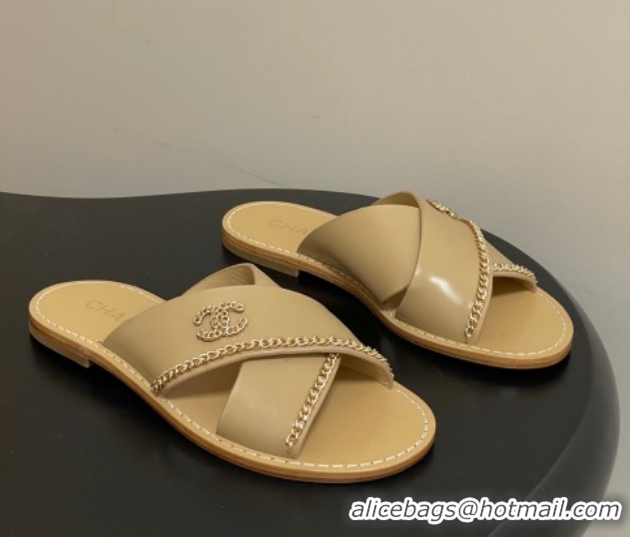 Best Price Chanel Calfskin Leather Flat Slides Sandal with Chain G46976 Beige 2026