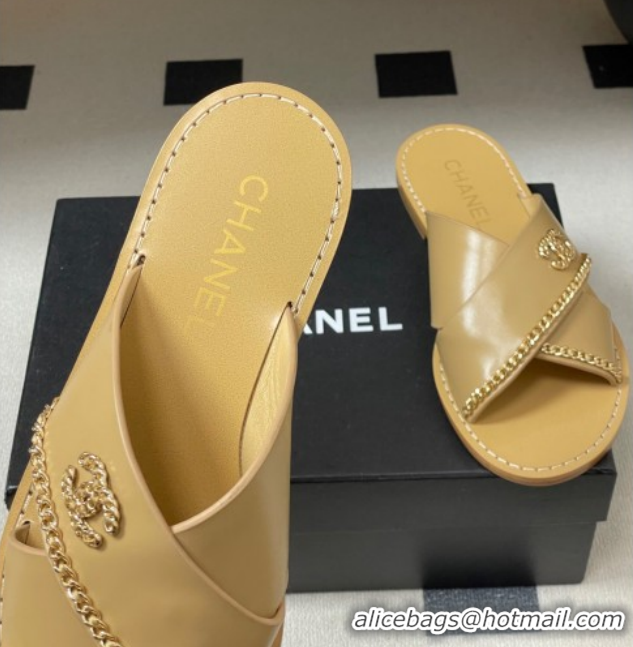 Best Price Chanel Calfskin Leather Flat Slides Sandal with Chain G46976 Beige 2026