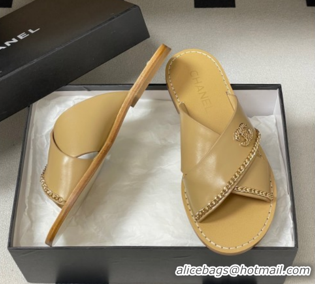 Best Price Chanel Calfskin Leather Flat Slides Sandal with Chain G46976 Beige 2026