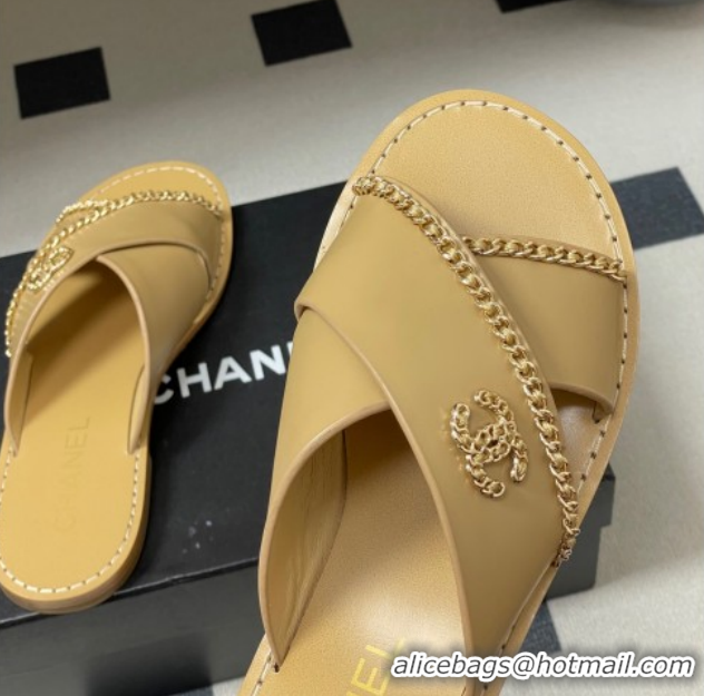 Best Price Chanel Calfskin Leather Flat Slides Sandal with Chain G46976 Beige 2026