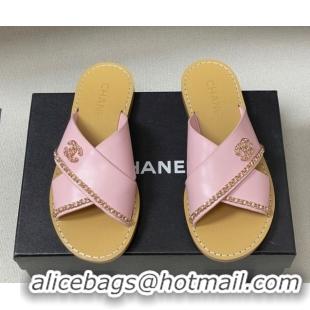 Low Price Chanel Calfskin Leather Flat Slides Sandal with Chain G46976 Pink 2026