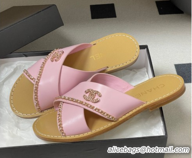 Low Price Chanel Calfskin Leather Flat Slides Sandal with Chain G46976 Pink 2026