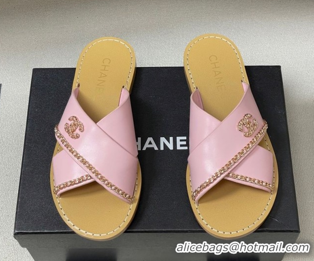 Low Price Chanel Calfskin Leather Flat Slides Sandal with Chain G46976 Pink 2026