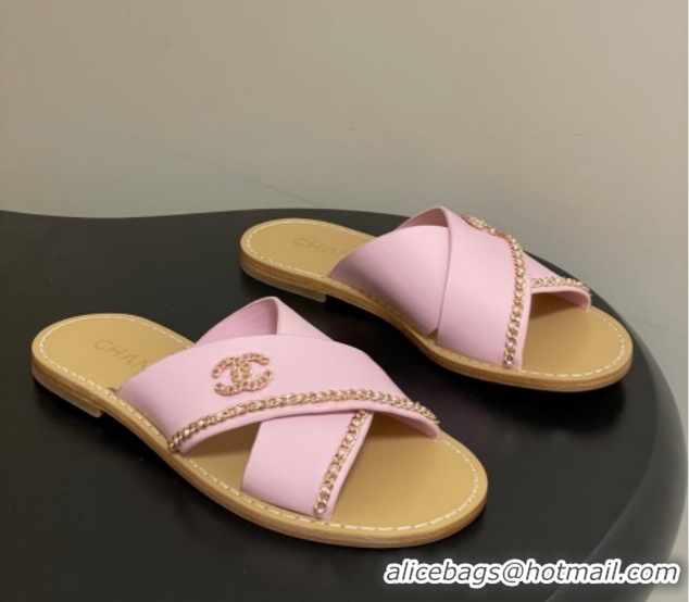 Low Price Chanel Calfskin Leather Flat Slides Sandal with Chain G46976 Pink 2026