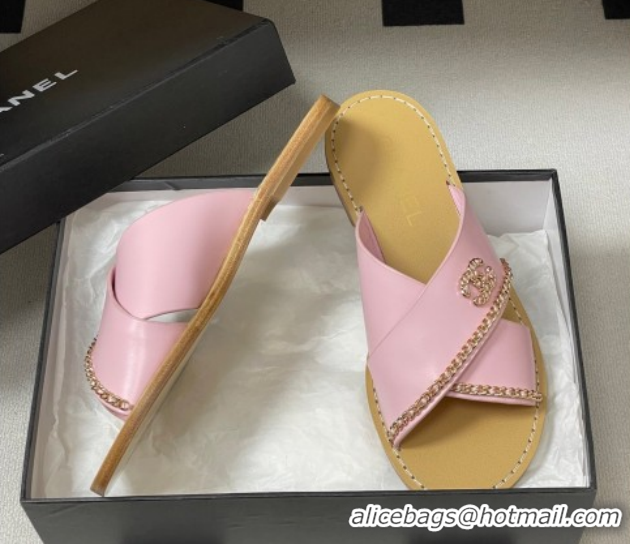 Low Price Chanel Calfskin Leather Flat Slides Sandal with Chain G46976 Pink 2026