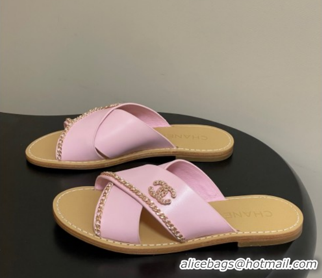 Low Price Chanel Calfskin Leather Flat Slides Sandal with Chain G46976 Pink 2026