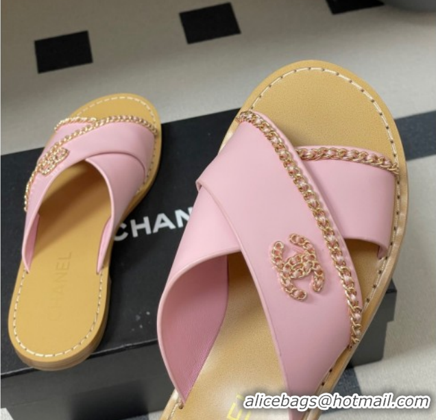 Low Price Chanel Calfskin Leather Flat Slides Sandal with Chain G46976 Pink 2026