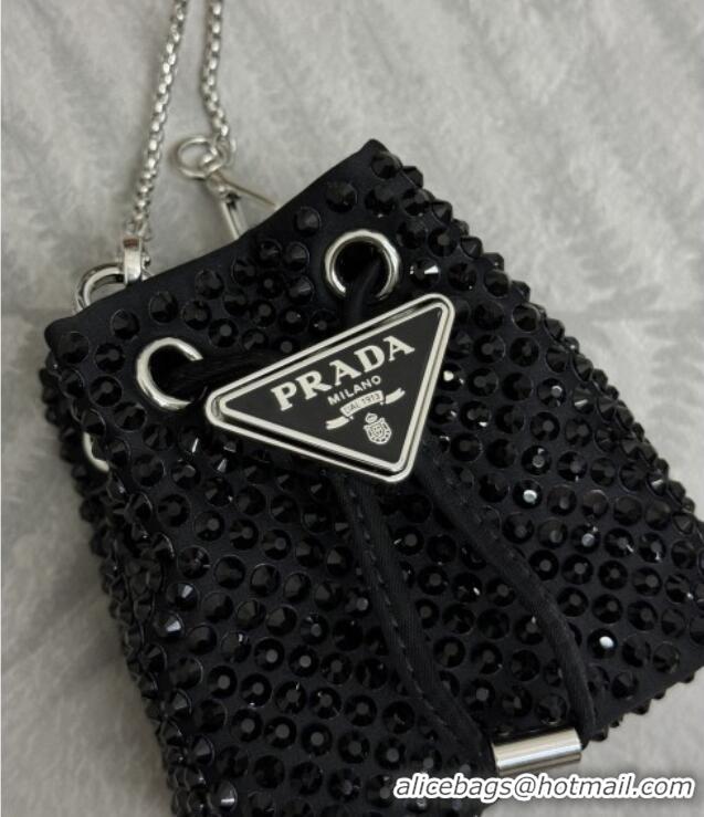 Trendy Design Prada Crystal Embellished Satin Mini Pouch 1NR016 Black 2026