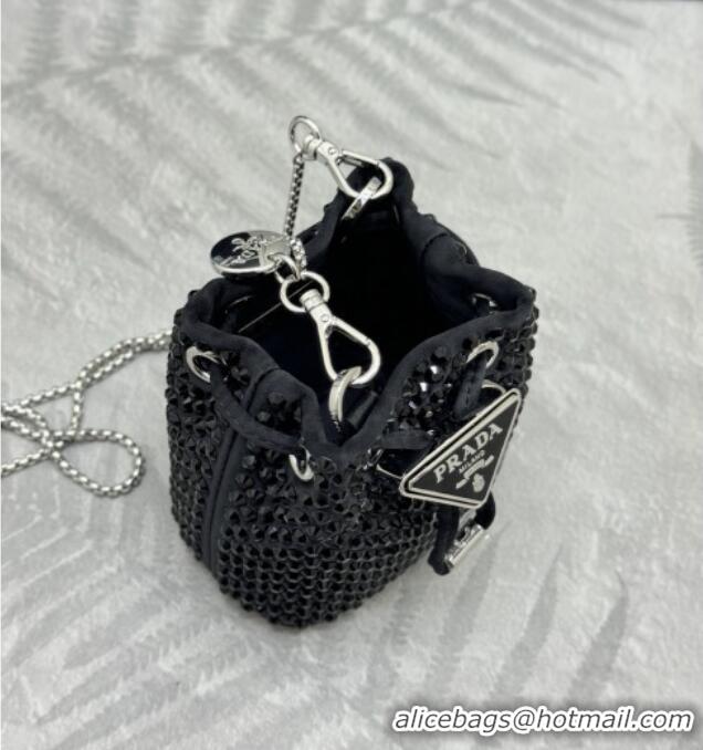 Trendy Design Prada Crystal Embellished Satin Mini Pouch 1NR016 Black 2026