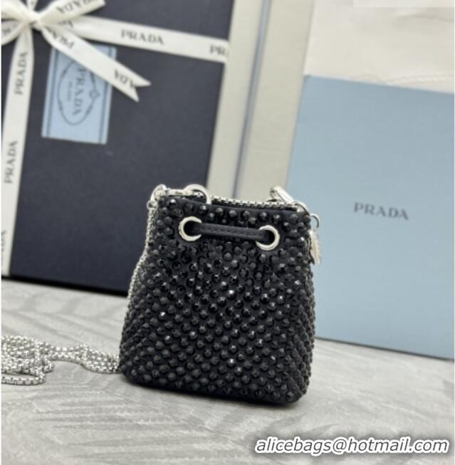 Trendy Design Prada Crystal Embellished Satin Mini Pouch 1NR016 Black 2026