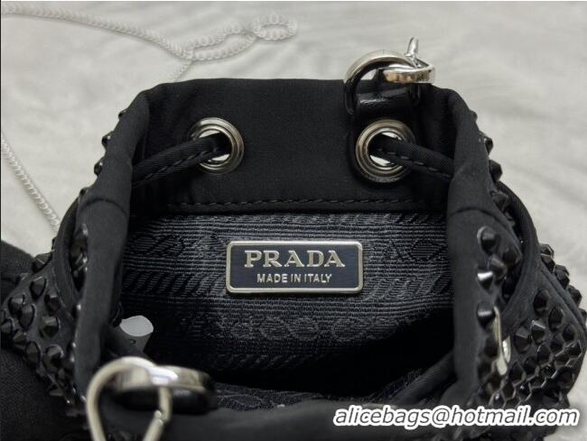 Trendy Design Prada Crystal Embellished Satin Mini Pouch 1NR016 Black 2026