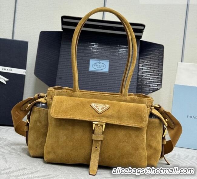 Top Quality Prada Explore medium suede tote bag 1BG596 Cinnamon Brown 2025