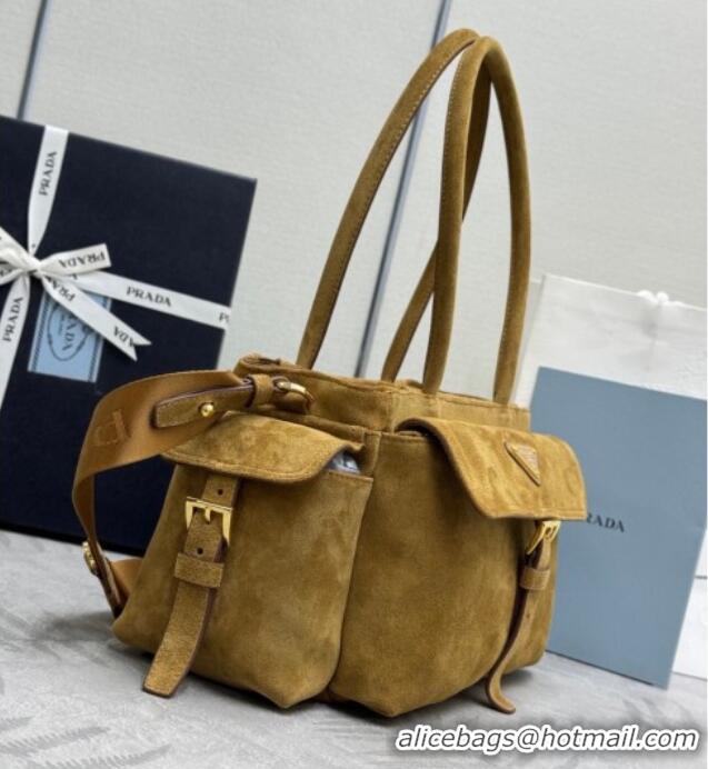 Top Quality Prada Explore medium suede tote bag 1BG596 Cinnamon Brown 2025