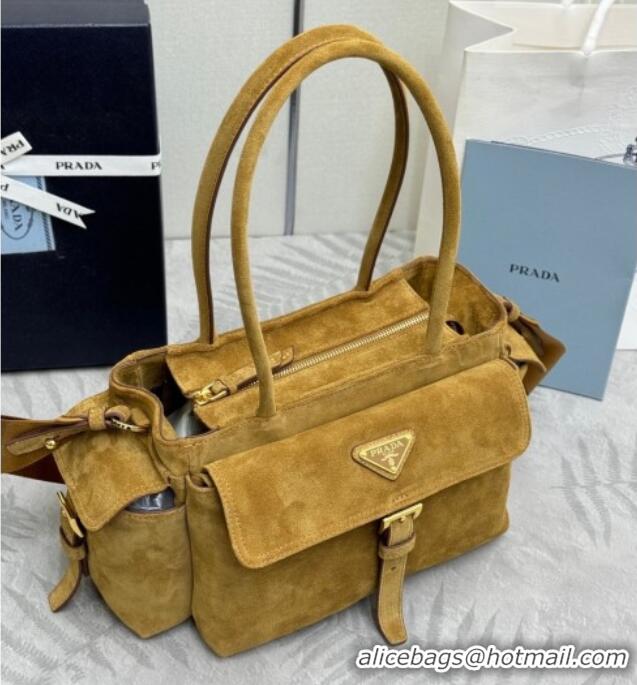 Top Quality Prada Explore medium suede tote bag 1BG596 Cinnamon Brown 2025