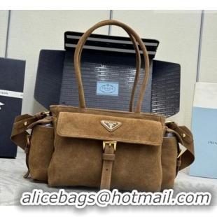 Top Grade Prada Explore medium suede tote bag 1BG596 Dark Brown 2025
