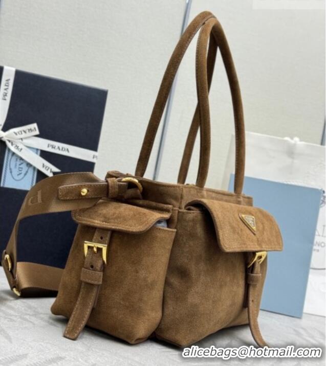Top Grade Prada Explore medium suede tote bag 1BG596 Dark Brown 2025