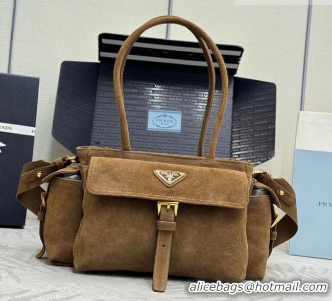 Top Grade Prada Explore medium suede tote bag 1BG596 Dark Brown 2025