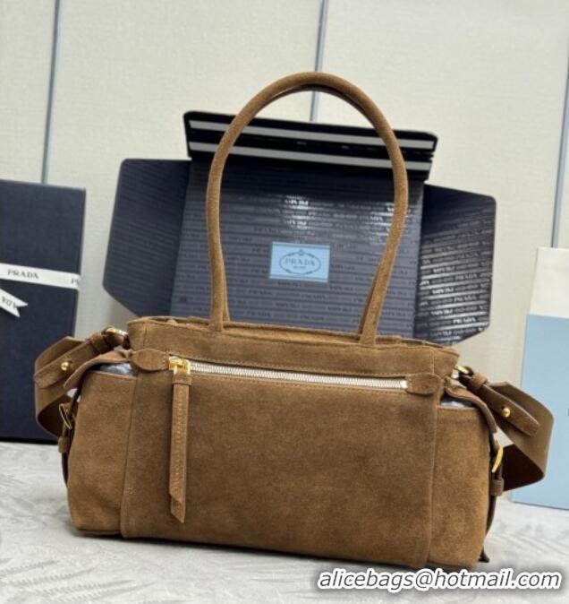 Top Grade Prada Explore medium suede tote bag 1BG596 Dark Brown 2025