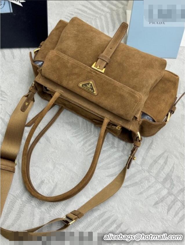Top Grade Prada Explore medium suede tote bag 1BG596 Dark Brown 2025