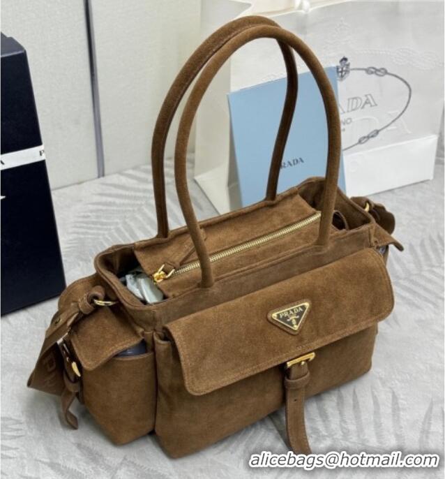 Top Grade Prada Explore medium suede tote bag 1BG596 Dark Brown 2025