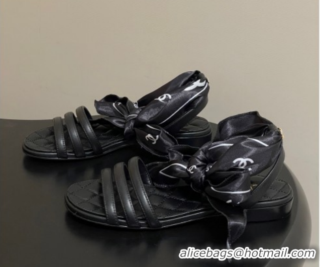 Low Cost Chanel Lambskin Leather & Silk Flat Sandals CH122304 Black 2026