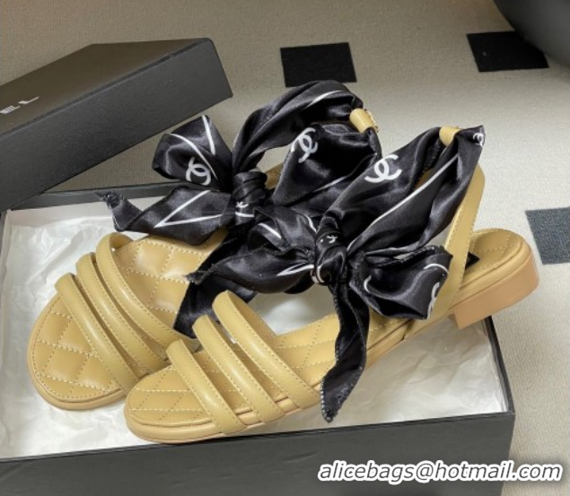 Good Quality Chanel Lambskin Leather & Silk Flat Sandals CH122304 Beige 2026