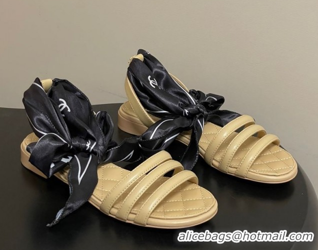 Good Quality Chanel Lambskin Leather & Silk Flat Sandals CH122304 Beige 2026