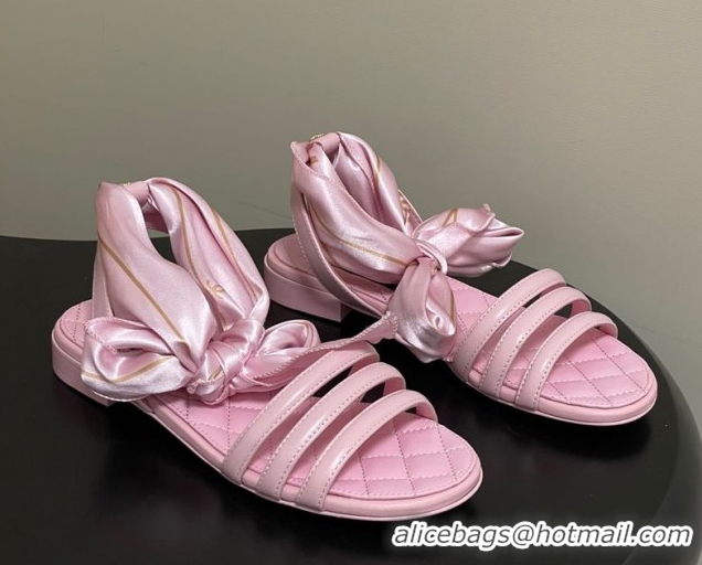 Durable Chanel Lambskin Leather & Silk Flat Sandals CH122304 Pink 2026