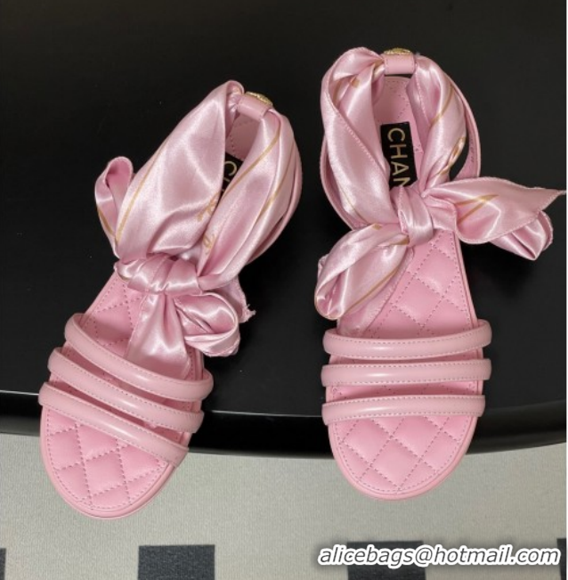 Durable Chanel Lambskin Leather & Silk Flat Sandals CH122304 Pink 2026