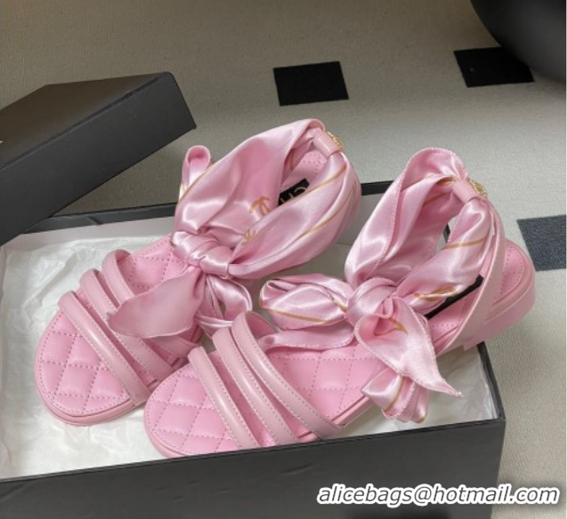 Durable Chanel Lambskin Leather & Silk Flat Sandals CH122304 Pink 2026
