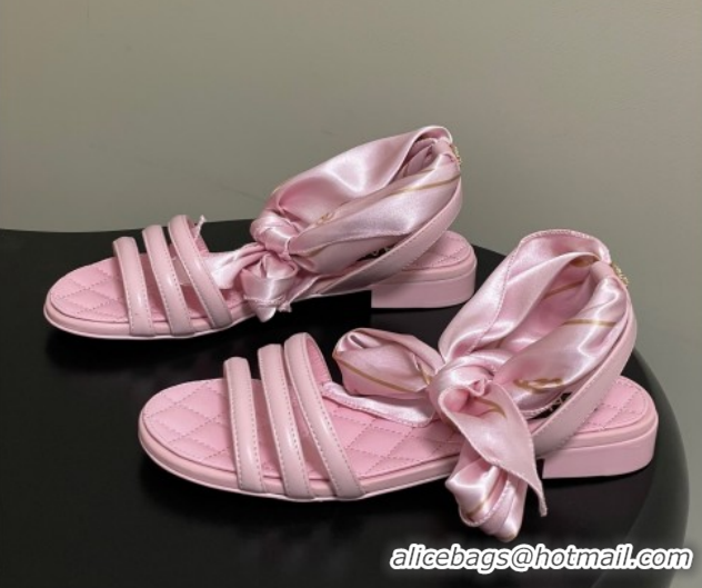 Durable Chanel Lambskin Leather & Silk Flat Sandals CH122304 Pink 2026