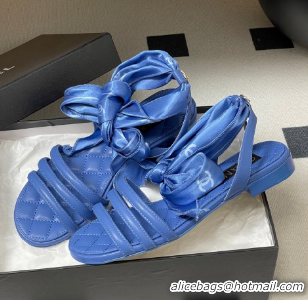 Perfect Chanel Lambskin Leather & Silk Flat Sandals CH122304 Blue 2026