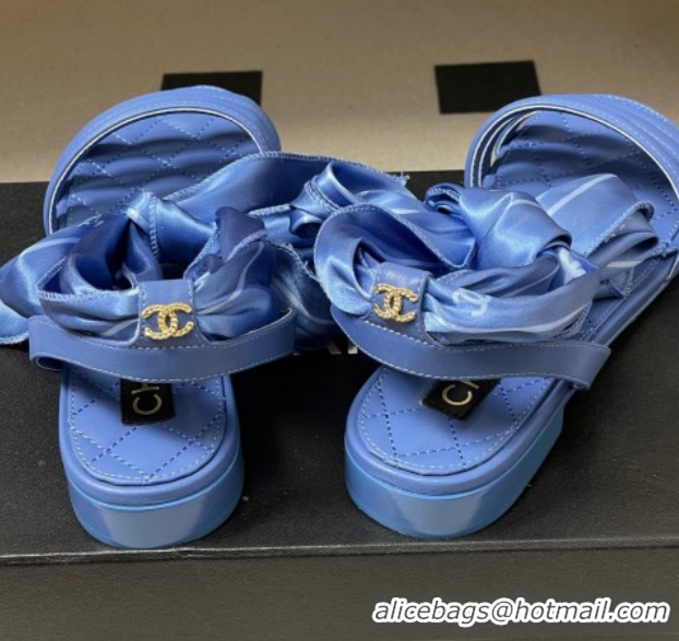 Perfect Chanel Lambskin Leather & Silk Flat Sandals CH122304 Blue 2026