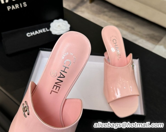 Stylish Chanel Patent Calfskin Leather Heel Slides Sandal 9cm G46904 Pink 2026