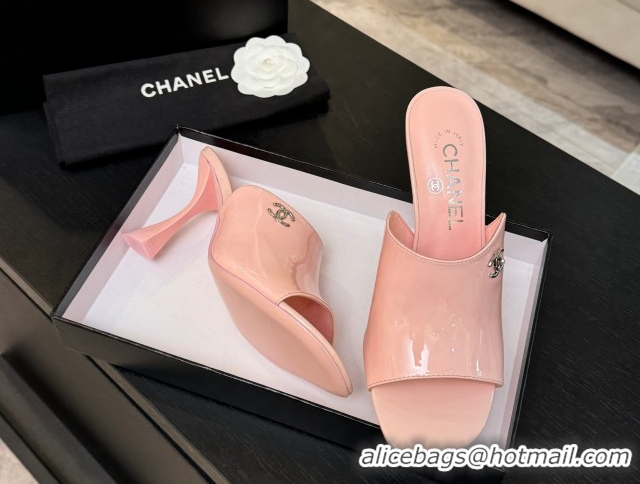 Stylish Chanel Patent Calfskin Leather Heel Slides Sandal 9cm G46904 Pink 2026
