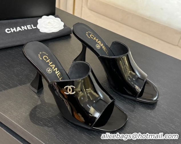 Best Grade Chanel Patent Calfskin Leather Heel Slides Sandal 9cm G46904 Black 2026