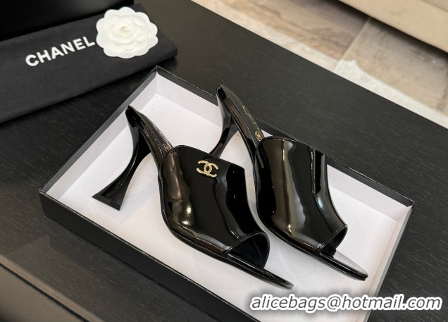 Best Grade Chanel Patent Calfskin Leather Heel Slides Sandal 9cm G46904 Black 2026