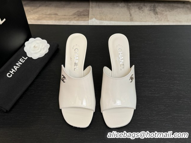 Duplicate Chanel Patent Calfskin Leather Heel Slides Sandal 9cm G46904 White 2026