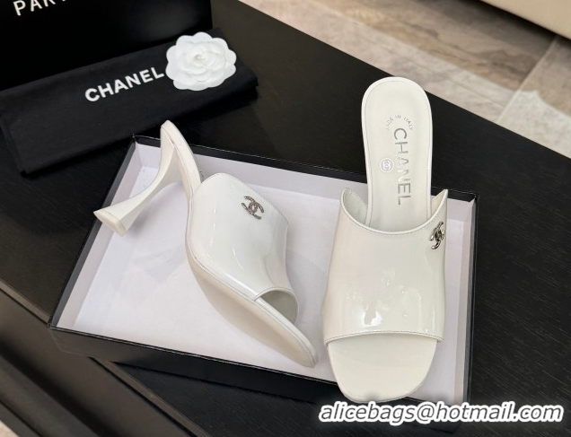 Duplicate Chanel Patent Calfskin Leather Heel Slides Sandal 9cm G46904 White 2026
