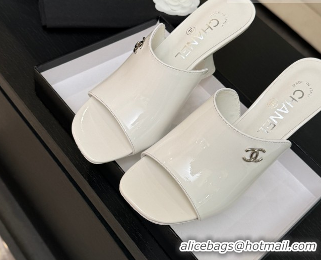 Duplicate Chanel Patent Calfskin Leather Heel Slides Sandal 9cm G46904 White 2026