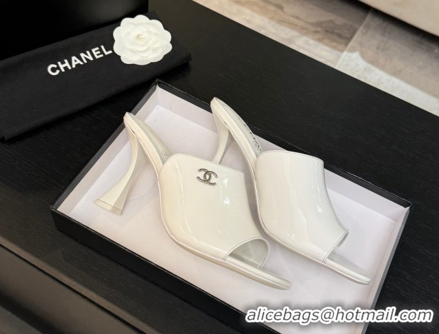 Duplicate Chanel Patent Calfskin Leather Heel Slides Sandal 9cm G46904 White 2026